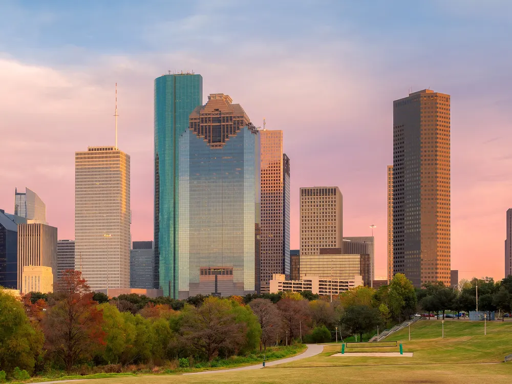 Downtown Houston office towers at dusk