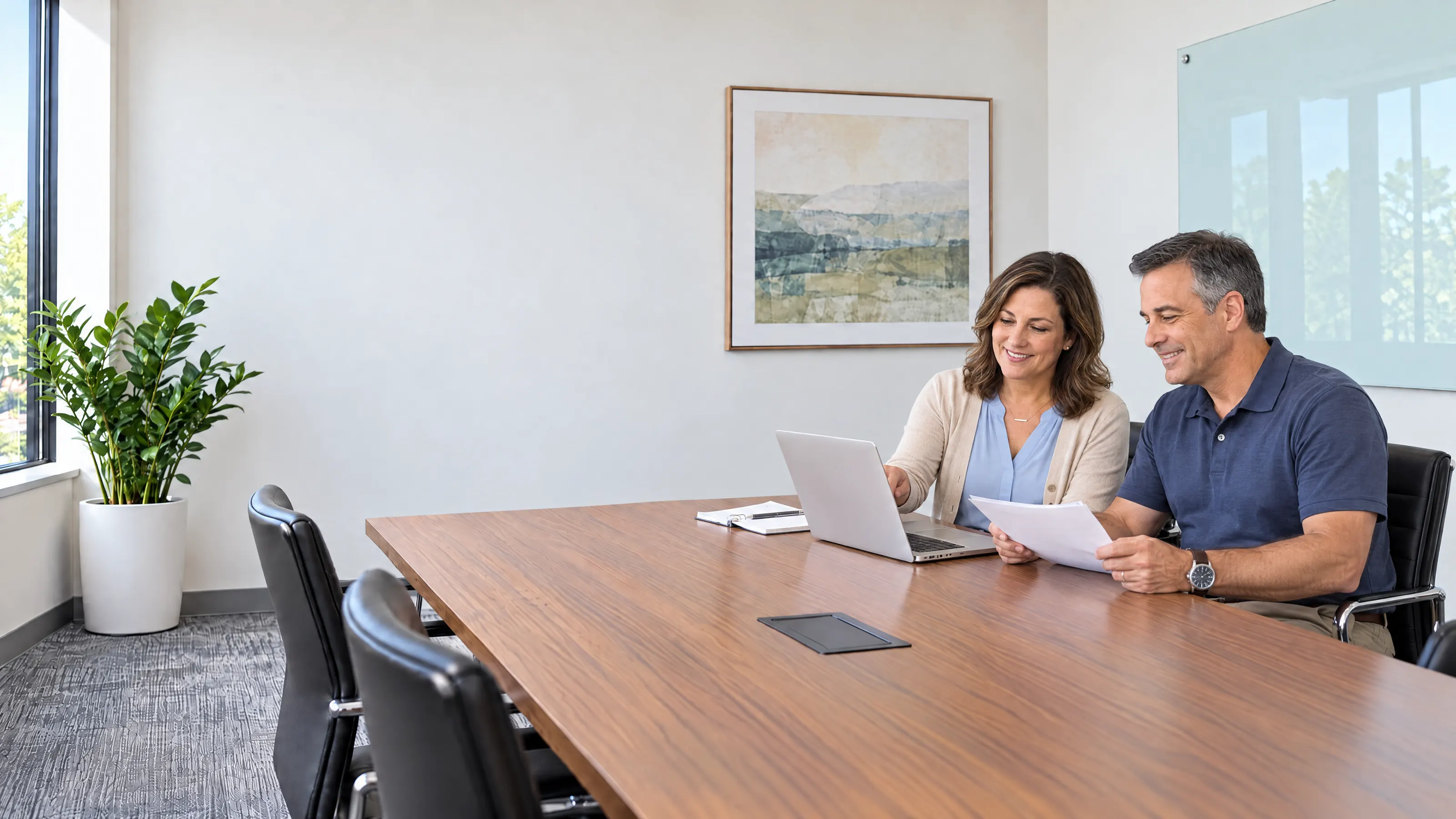Two colleagues smiling over a laptop at the far end of a long boardroom table in a sunlit office, with empty chairs and a plant nearer the camera