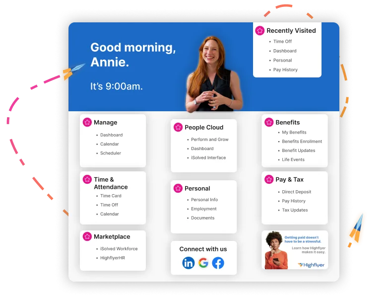 The employee home screen in the Highflyer software, with pay, time and benefits menus