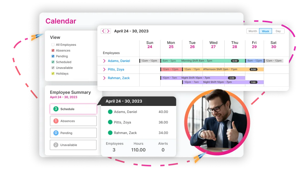 A scheduling calendar and employee summary in the Highflyer software