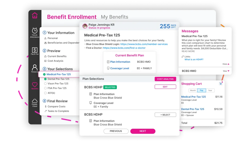 A benefit enrollment screen in the Highflyer software, showing an employee's selected medical plan with its carrier information, coverage level and links to the carrier's member services