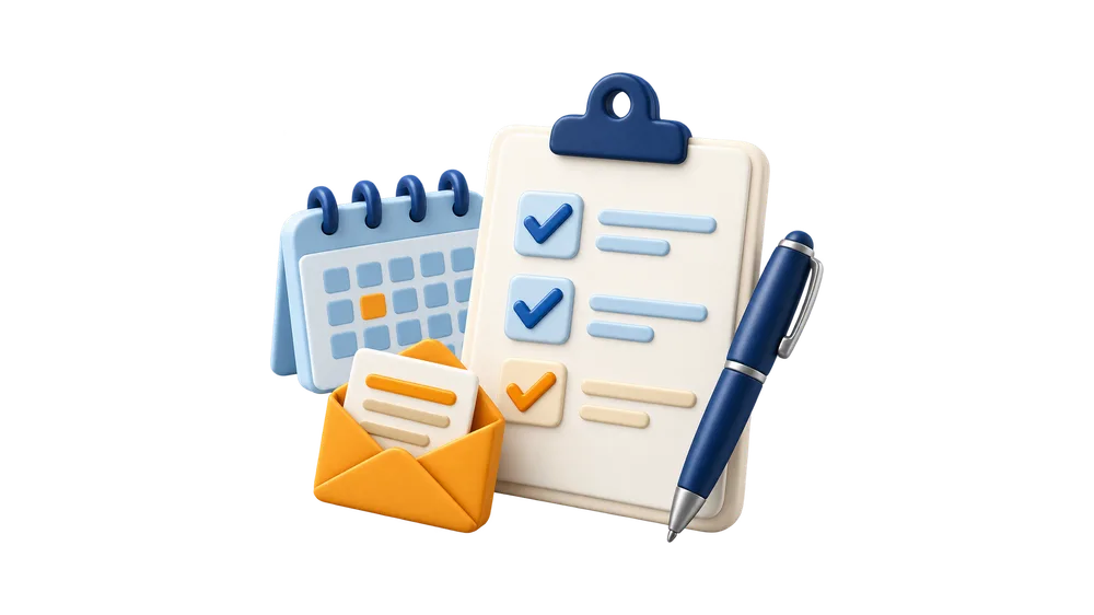 Illustration of a clipboard checklist with three items checked off, beside a calendar with a date marked, an open envelope and a pen