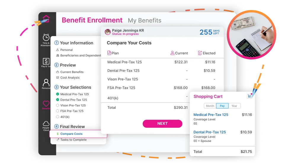 A benefit enrollment screen in the Highflyer software, comparing the current and elected cost of medical, dental, vision and FSA plans beside a running total