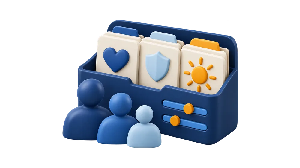 Illustration of a file box holding benefit cards marked with a heart, a shield and a sun, with three people in front of it and two sliders on its side