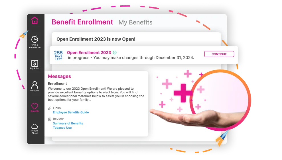 A benefit enrollment screen in the Highflyer software, announcing that open enrollment is under way with the days remaining and a message linking to the employee benefits guide