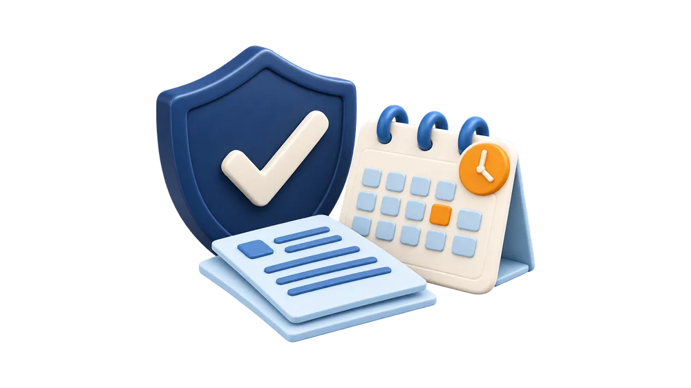 Illustration of a shield with a check mark beside a document and a desk calendar with a date marked and a clock on it