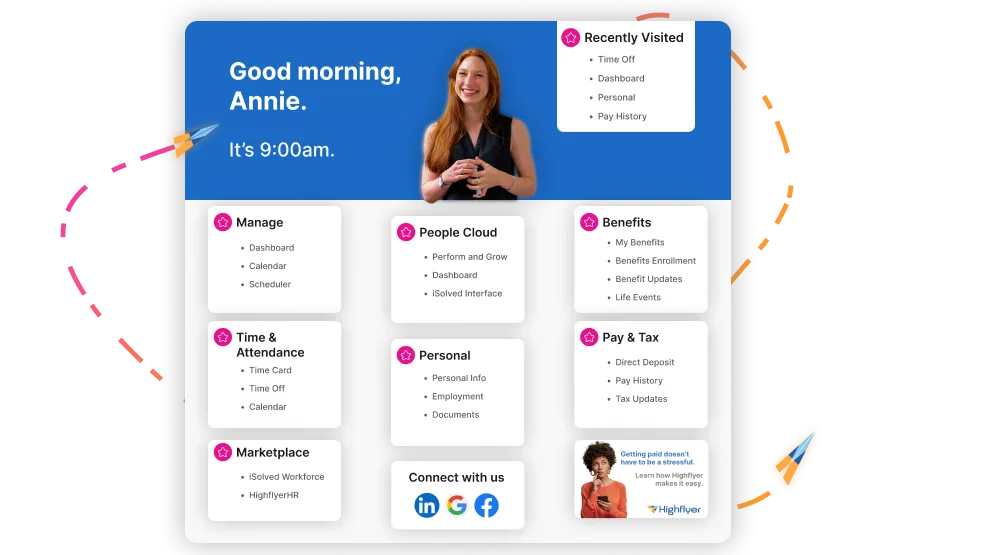 The employee home screen in the Highflyer software, with pay and tax, time and attendance, and benefits menus