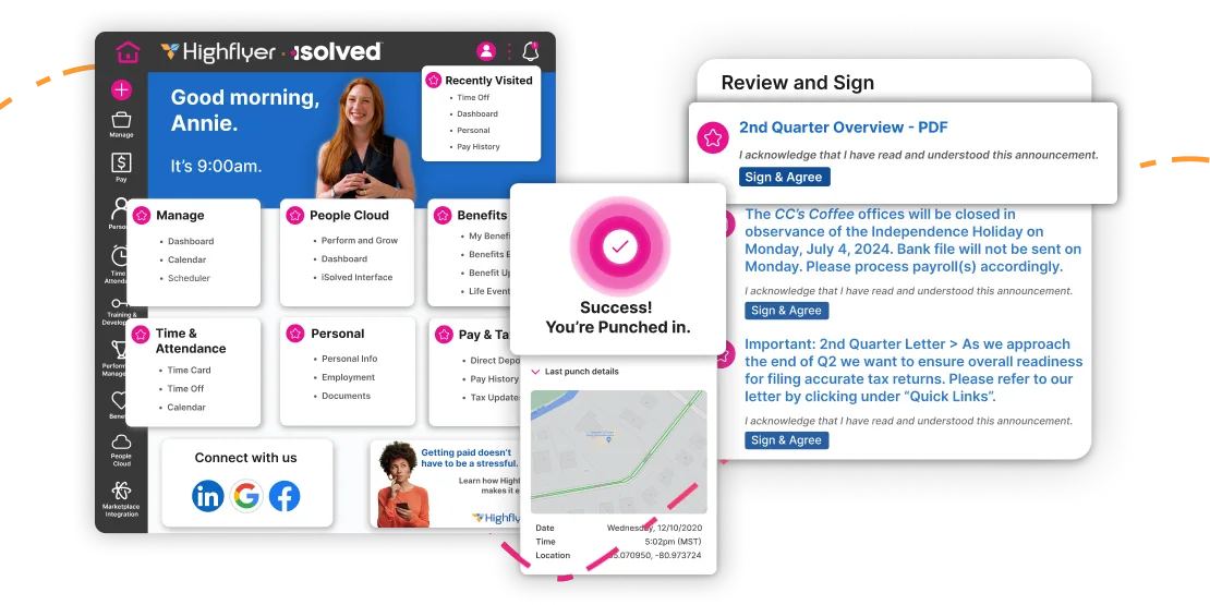 The employee home screen in the Highflyer software, with menus for personal information, employment, documents, benefits and time, beside a panel of announcements to review and sign