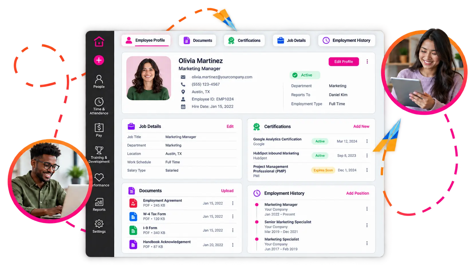 An employee profile screen with tabs for documents, certifications, job details and employment history, showing contact details, job details, certifications and a list of employment documents