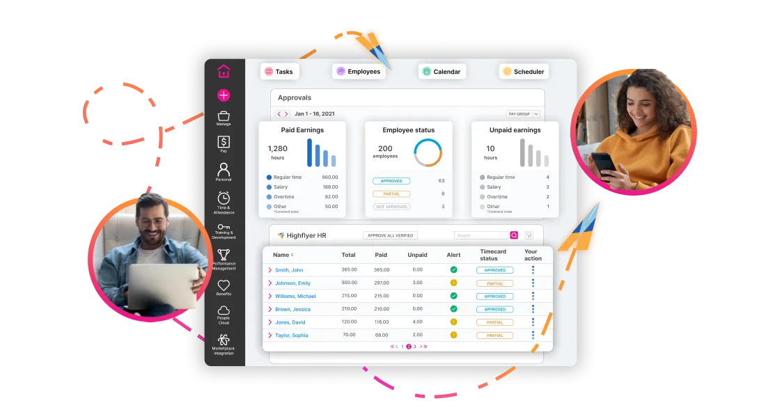 The payroll approvals screen in the Highflyer software, showing paid hours, employee status and timecard approvals for a pay period