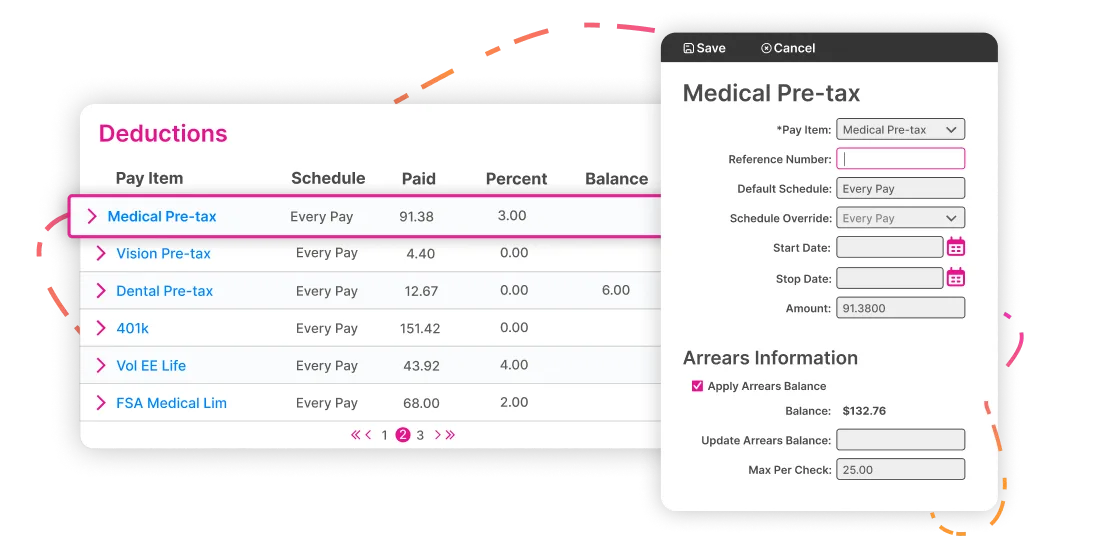 The deductions screen in the Highflyer software, listing medical, vision, dental and 401(k) pay items beside an edit panel