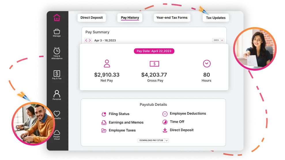 An employee's pay summary in the Highflyer software, with tabs for direct deposit, pay history, year-end tax forms and tax updates
