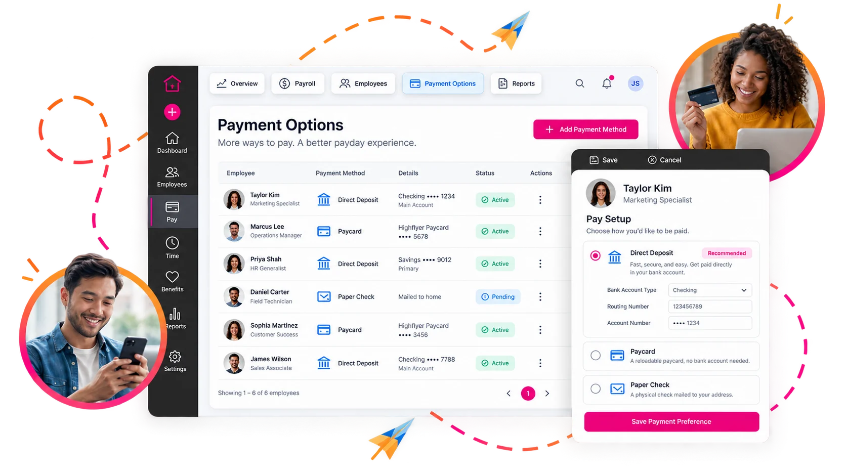 A payment options screen listing employees paid by direct deposit, paycard or paper check, with a pay setup panel for choosing a payment method