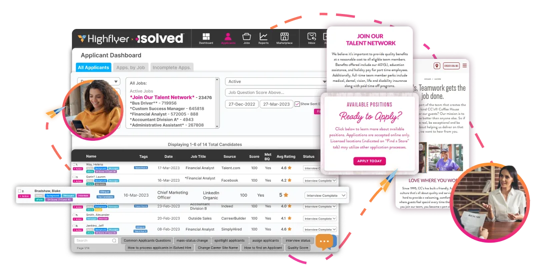 The applicant dashboard in the Highflyer software beside a careers page and a talent network sign-up, showing candidates with their source, score and interview status