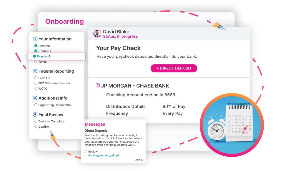 An onboarding checklist in the Highflyer software, with steps for personal details, federal reporting forms and supporting documents beside a new hire's direct deposit setup