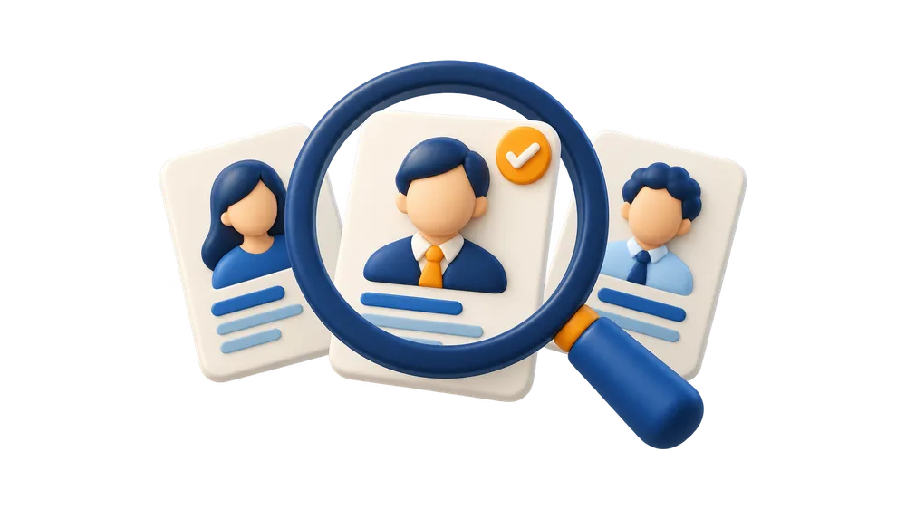 Illustration of a magnifying glass over three candidate profile cards, the middle one marked with a check