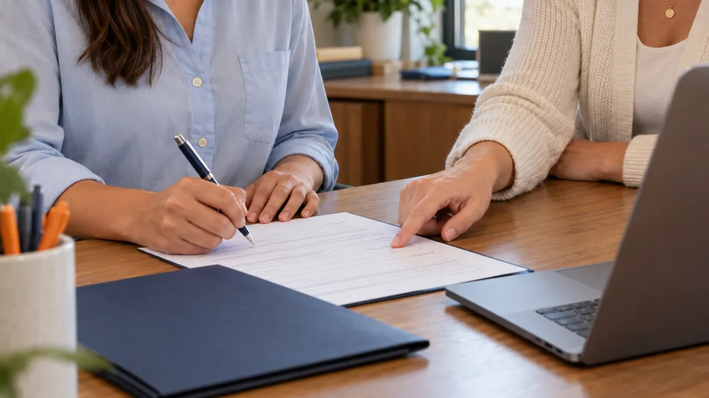 Two people at a desk, one signing a document while the other points to a line on it