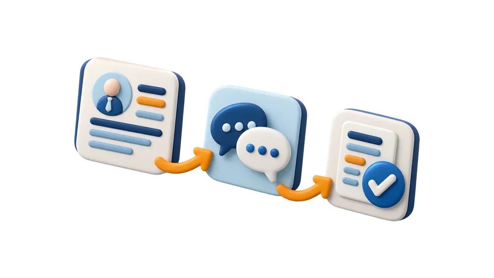 Illustration of three steps joined by arrows, a candidate profile, a conversation and an approved document