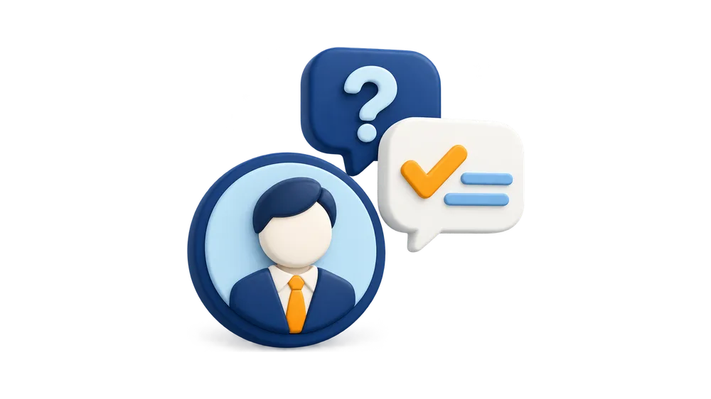 Illustration of an employee beside a question bubble and an answer bubble with a check mark