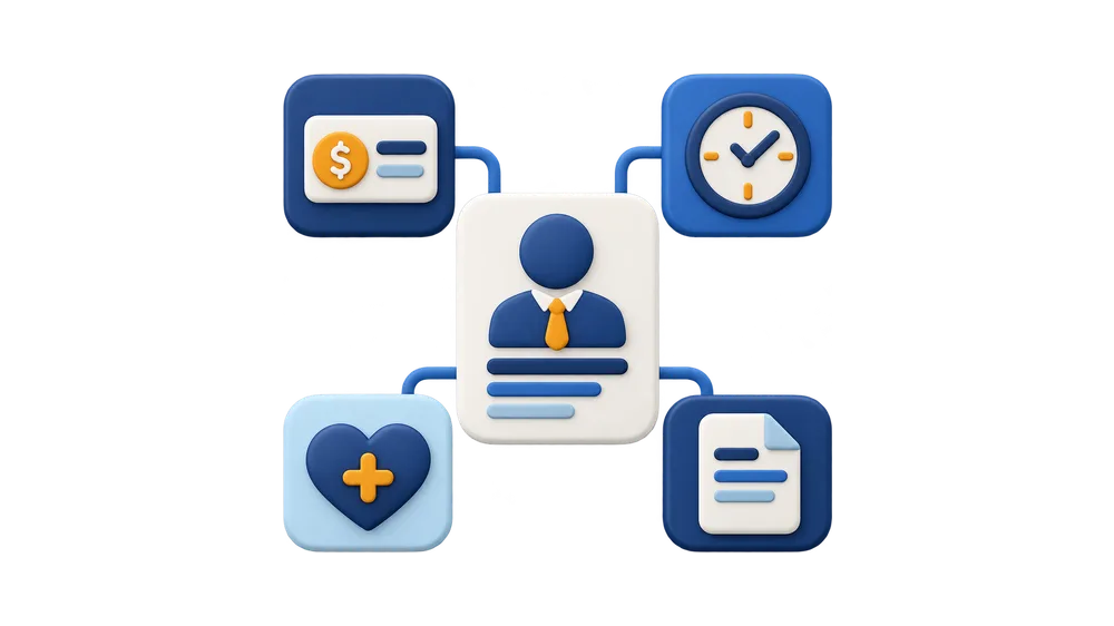 Illustration of an employee record linked to pay, time, benefits and documents