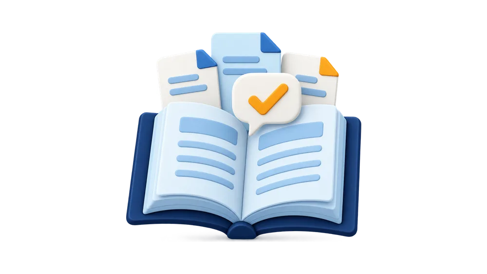 Illustration of an open handbook with policy documents behind it and a check-marked answer bubble above