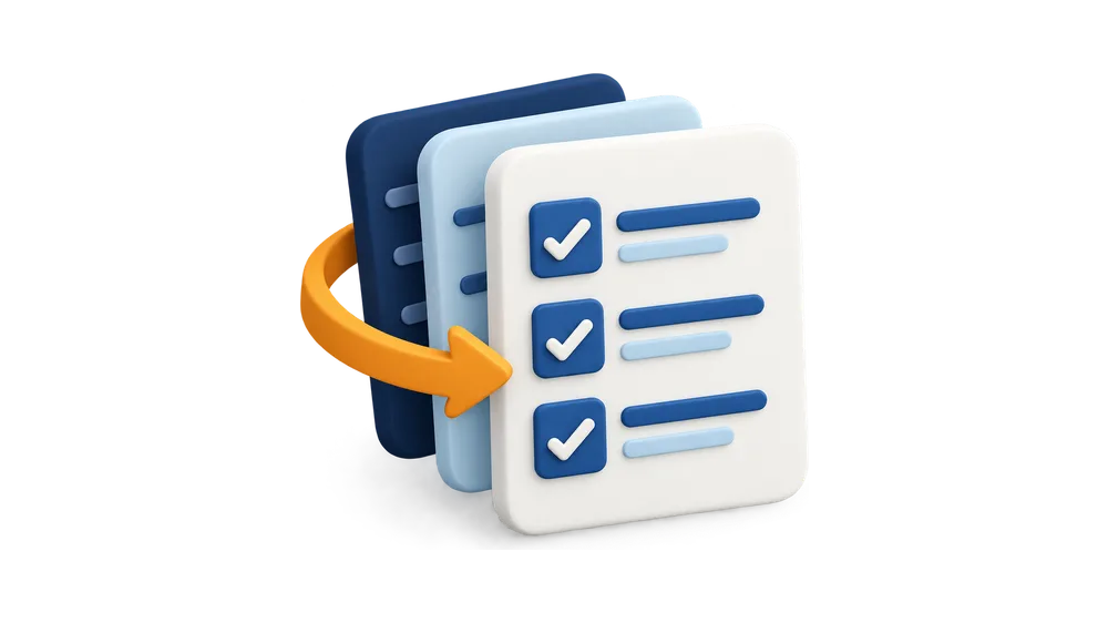 Illustration of a stack of task lists with every item checked off and an arrow moving them along