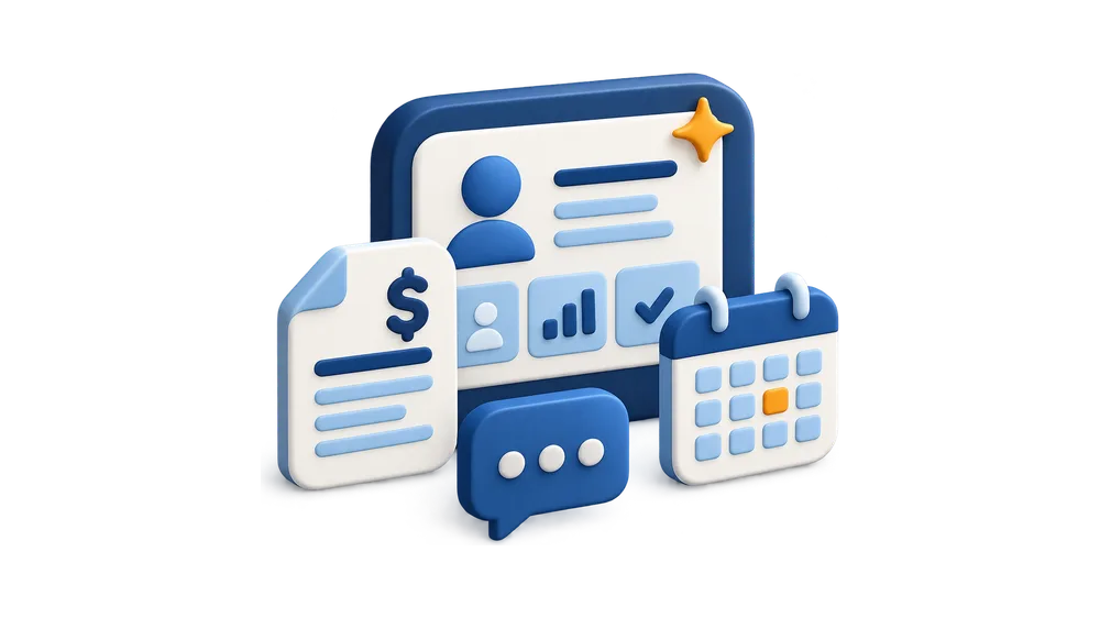 Illustration of an HR dashboard with an employee profile, a pay document, a calendar and a chat bubble arranged around it