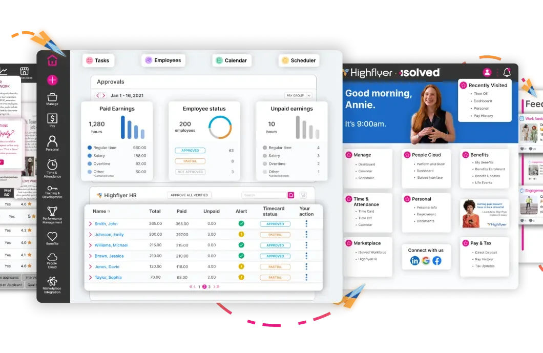 Screens from the Highflyer software side by side, showing a payroll approvals dashboard with paid earnings and timecard status beside an employee home screen