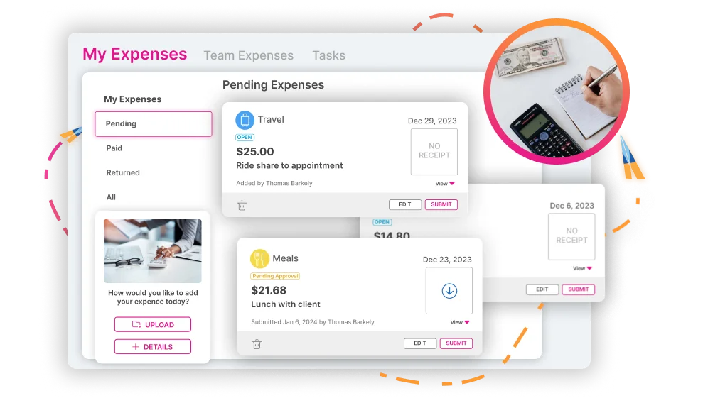 An expenses screen in the Highflyer software, listing pending travel and meal expenses with their amounts, status and submit buttons