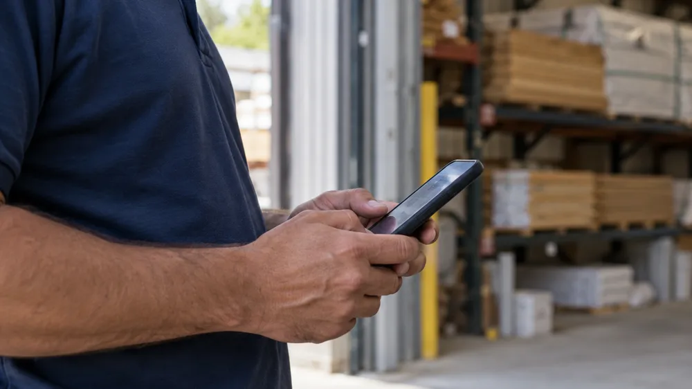 A worker in a polo shirt using a phone at the open door of a warehouse