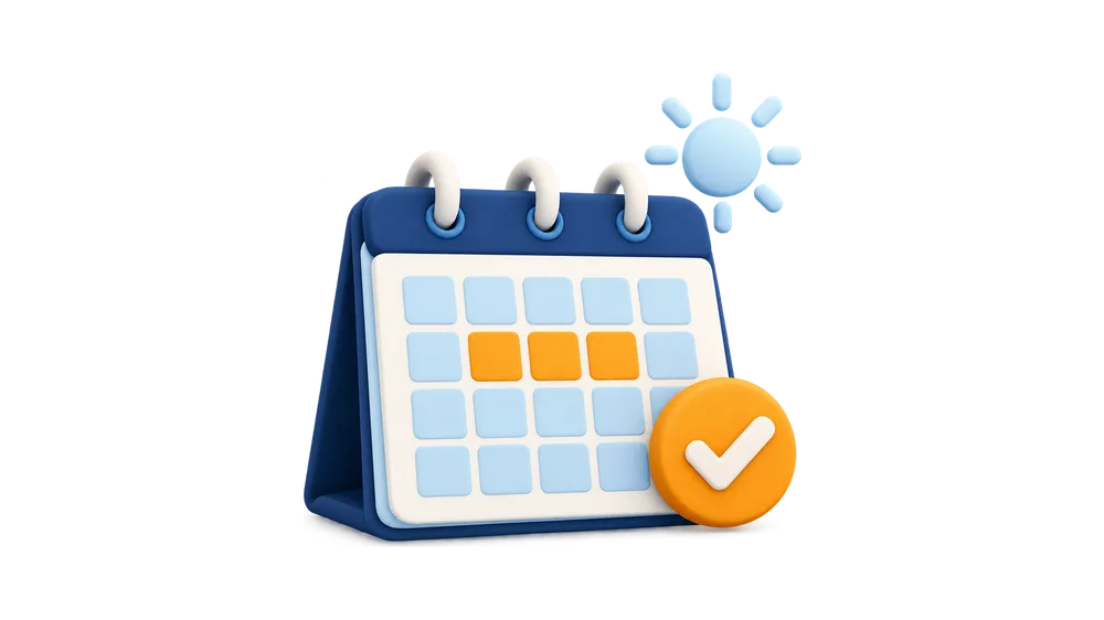 Illustration of a desk calendar with three days marked in orange, a sun above it and a check mark beside it