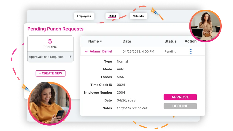 A pending punch requests screen in the Highflyer software, with a manager reviewing an employee's clock-in correction and the approve and decline buttons beside it