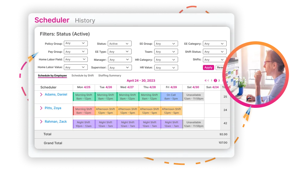The scheduler in the Highflyer software, showing a week of shifts by employee with filters for team, manager and shift status, and weekly hour totals