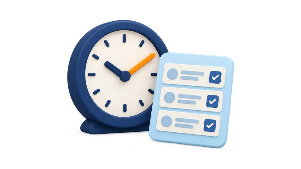Illustration of a clock beside a timesheet with three entries checked off